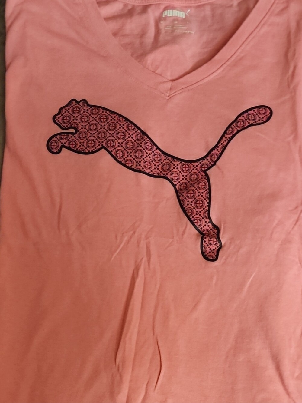 Puma Coral Pink V-Neck Tee with Patterned Logo
